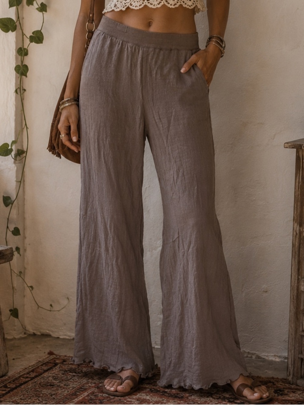Free People Free-Est Taupe Wide-Leg Cotton-Blend Ruffle Hem Pants Hippie Boho
